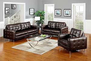   Modern Brown Tufted Leather Sofa Loveseat Chair Living Room Set  