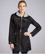 Miss Sixty black poly zip front belted removable hood coat style 