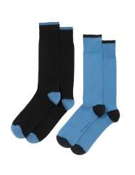 Savile Row Mens Blue Navy Heel & Toe 2 Pack Ribbed Socks