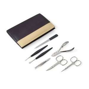  7 piece Nickel Plated Manicure set in Black/Camel Leather 