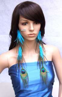 Peacock Rooster Feather Extensions Extra Long Earrings  