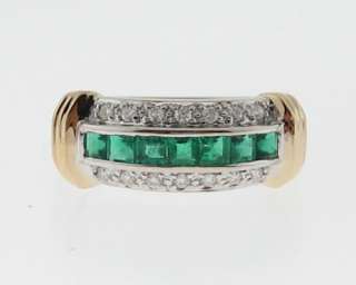 Natural Emeralds Diamonds Solid 14k Two Tone Gold Band  