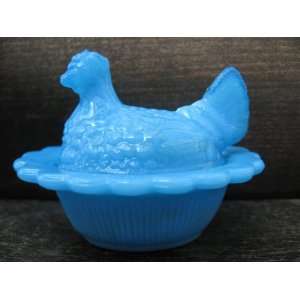  Mini Blue Milk Glass Hen on Nest Chick Salt Covered Dish 