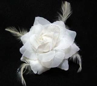 White Glitter Rose with Feathers Hair Flower Clip  