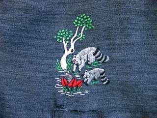 Vtg 50s Mens Rockabilly Gray Gabardine Raccoon Forest Embroidered L/S 