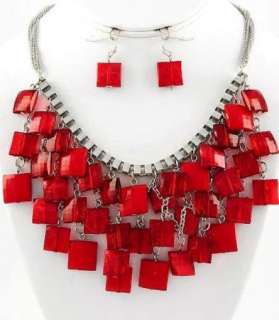 Bold Red Acrylic Squares Bib Fun Silver Tone Fashion Necklace Set 