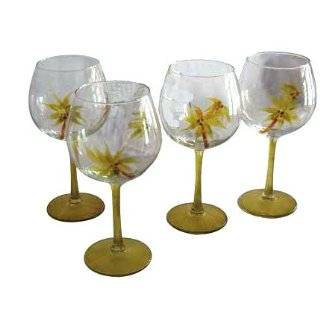 ArtisanStreets Set of 4 Wine Glasses. Features Palm Tree Design. Hand 