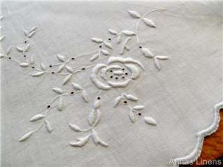 Antique Round Tablecloth White Hand Embroidered Flowers  