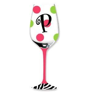    Pink/Green Polka Dot/Zebra Wine Monogram Glass P