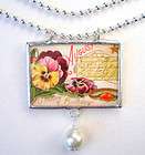 AUGUST BIRTHDAY PANSY VINTAGE POSTCARD NECKLACE  