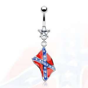   Gem Belly Ring with Epoxy Flag of Rebel Dangle. 