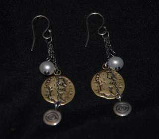   Pearl & Brass Coin Droplet Sterling Silver Earrings   W1974  