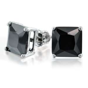   Princess Black CZ Stud Earrings Screw Back Posts   4.4ct(9mm) Jewelry