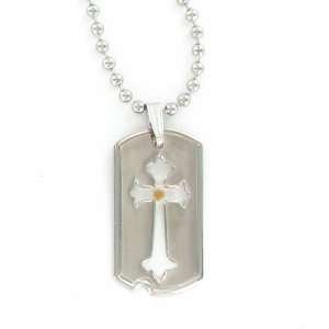  Silver Cross Necklace in a Pierced Dog Tags Design with Mustard 