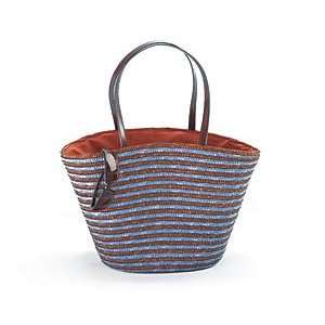  Blue & Chocolate Straw Handbag or Beach Tote Arts, Crafts 