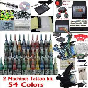 Complete Tattoo Starter Kit 2 Tattoo Machine, LCD Power Supply, and 54 
