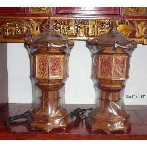  A Pair of Sandal Wood Lotus Tower Carving Lamps