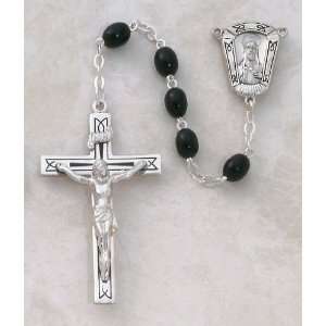   Silver Wood Mens Rosary, Black 7 x 5MM Bead Wood Bead    2 Crucifix